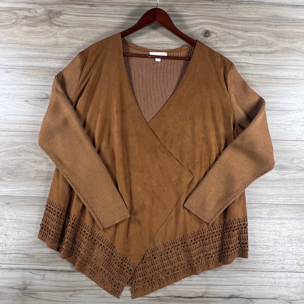 Westport 1962 Faux Suede Ribbed Knit Cardigan Brown Laser Cut 3X